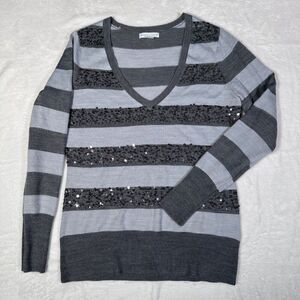 New York & Company Women's Striped V-Neck Sweater With Sequins Size S Acrylic